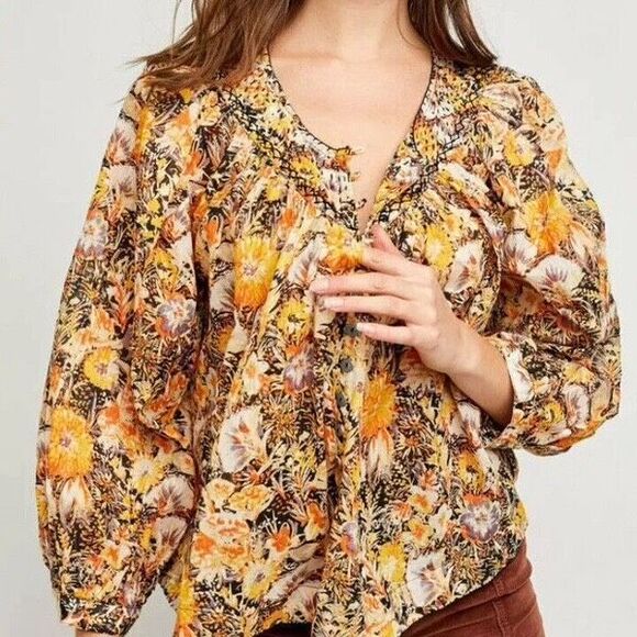 Free People We The Free Cool Meadow Floral Smocked Boho Top XS Cotton Yellow  EU - Picture 16 of 16